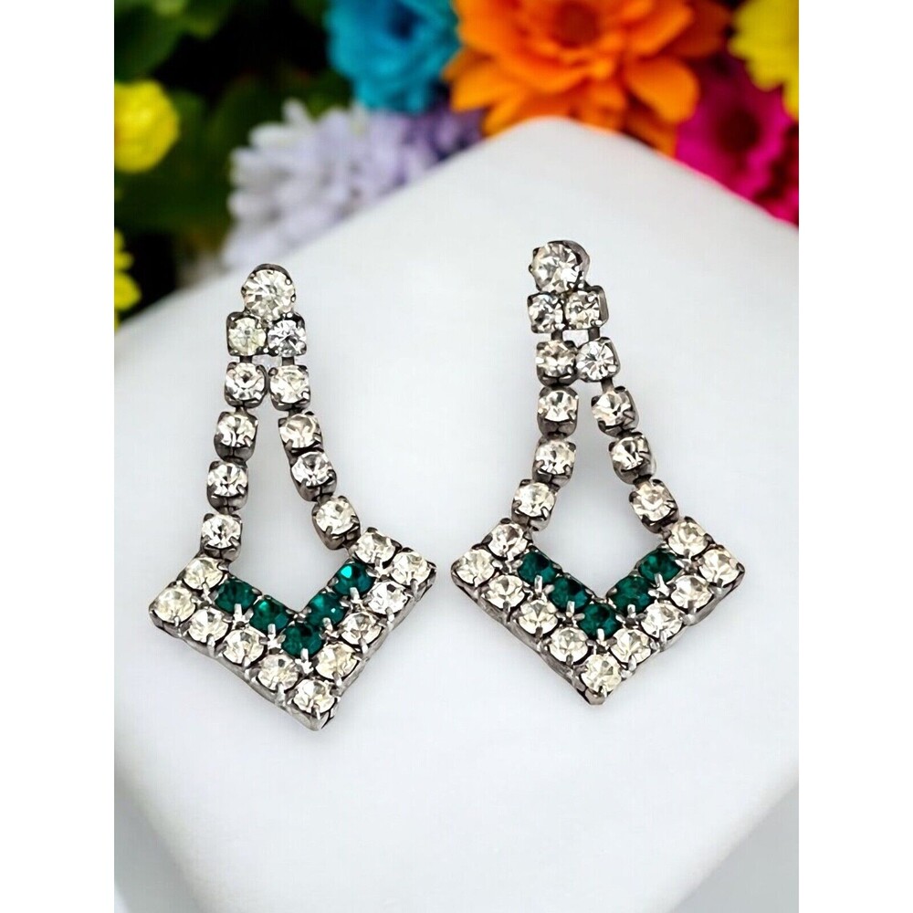 Vintage 1980s Rhinestone Dangle Earrings Green Crystal Silver Tone - 8O